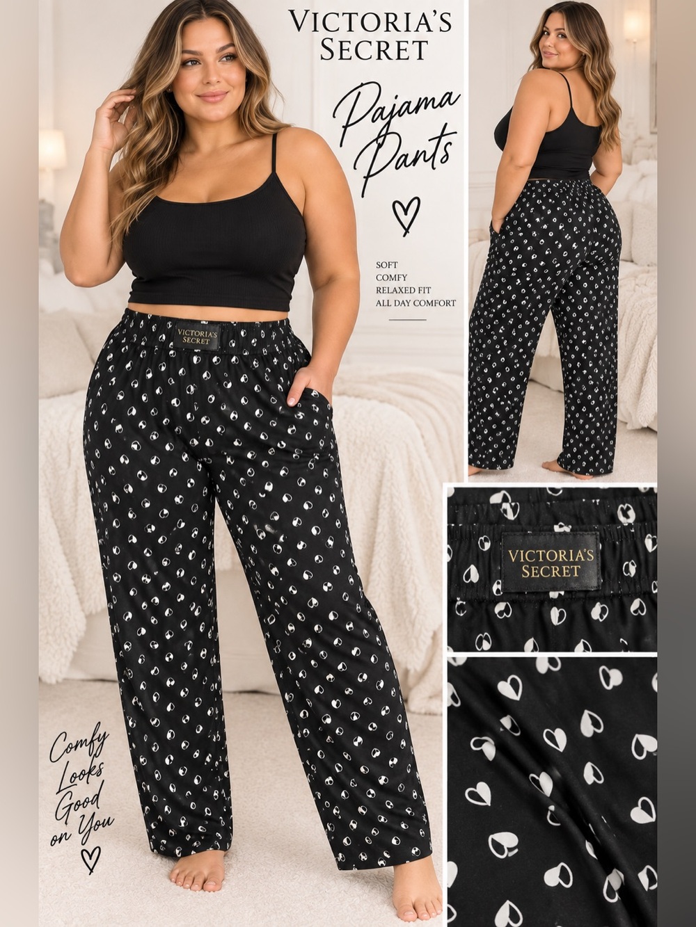 Victoria's Secret Black Heart-Print Wide-Leg Pajama Pants Sz Xxl NWT